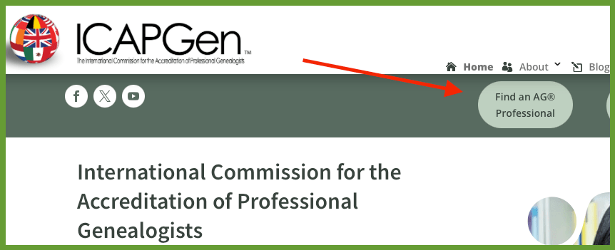 Snapshot of the ICAPGen website header highlighting the Find an AG Professional directory button.