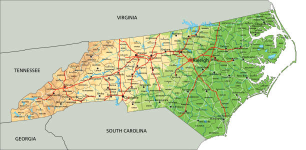 High detailed North Carolina physical map with labeling.